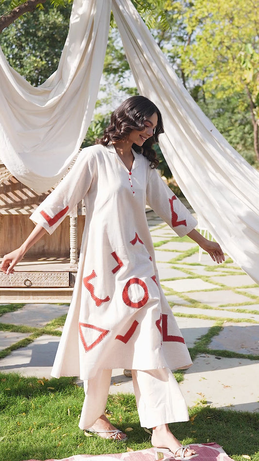 Off White Solid Khadi Cotton Palazzo Suit Set