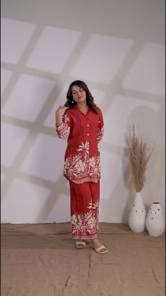 Rusty Orange Floral Chanderi Palazzo Suit Set with Buttons